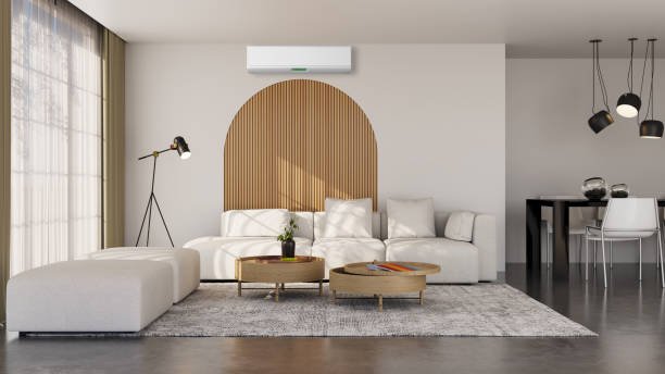 modern bright interiors room with air conditioning and remote control illustration 3D rendering